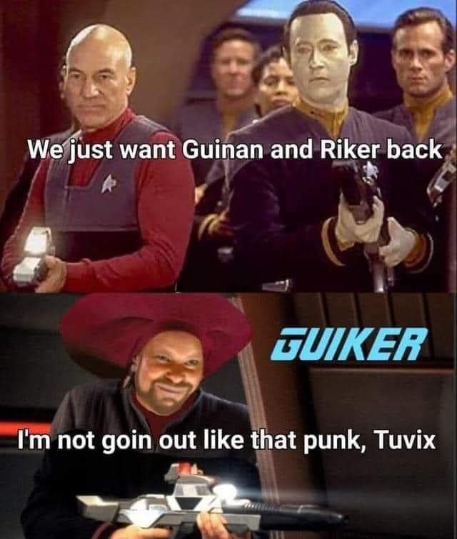 The meme is a humorous image featuring a character from the TV show Star Trek: Deep Space Nine, Kira Nerys, and a character from the TV show Star Trek: The Next Generation, Jean-Luc Picard. The text "We are the Borg. You will be assimilated. Resistance is futile." is replaced with "We are the Borg. You will be assimilated. Resistance is futile. In 2-3 sentences, describe this meme for someone who cannot see it: The meme is a play on a famous line from the TV show Star Trek: The Next Generation, with the character Jean-Luc Picard's iconic line "Make it so" replaced with a humorous and sarcastic phrase. The image features a character from Star Trek: Deep Space Nine, Kira Nerys, with a humorous and sarcastic phrase replacing the classic line.